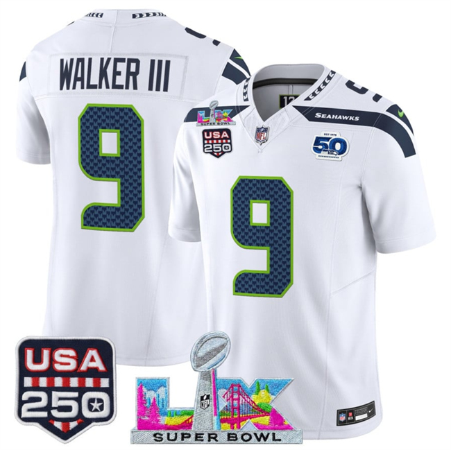 Youth Seattle Seahawks #9 Kenneth Walker III White 2025 F.U.S.E. Super Bowl LX Patch And 50th Season & USA 250' Patch Vapor Limited Stitched Football Jersey