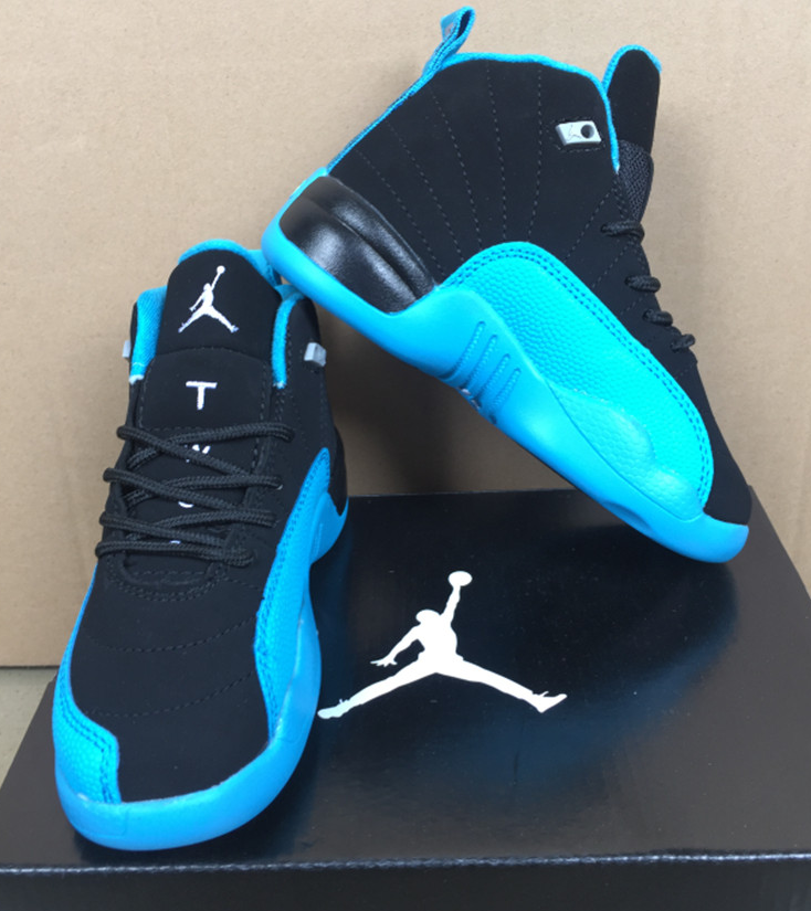 Youth Running Weapon Air Jordan 12 Black&Blue Shoes 002
