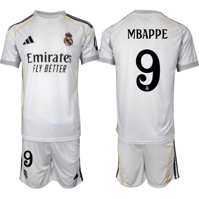 Men's Real Madrid #9 Kylian Mbappé 25/26 White Home Soccer Jersey Suit