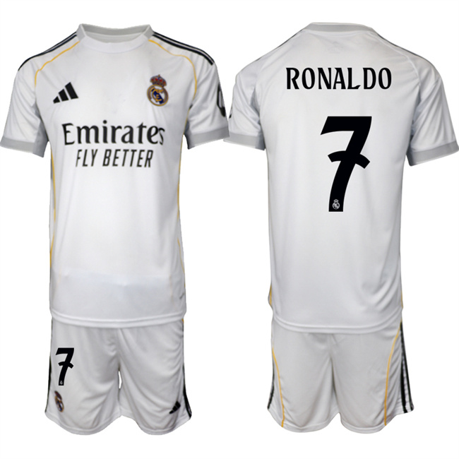 Men's Real Madrid #7 Ronaldo 25/26 White Home Soccer Jersey Suit
