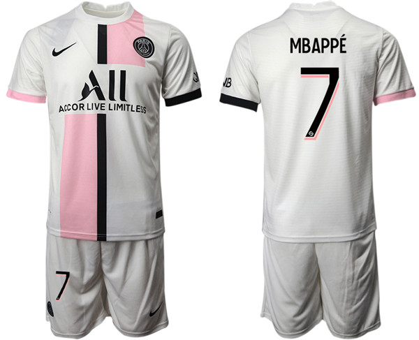 Men's Paris Saint-Germain #7 Mbappé 2021/22 White Away Soccer Jersey Suit